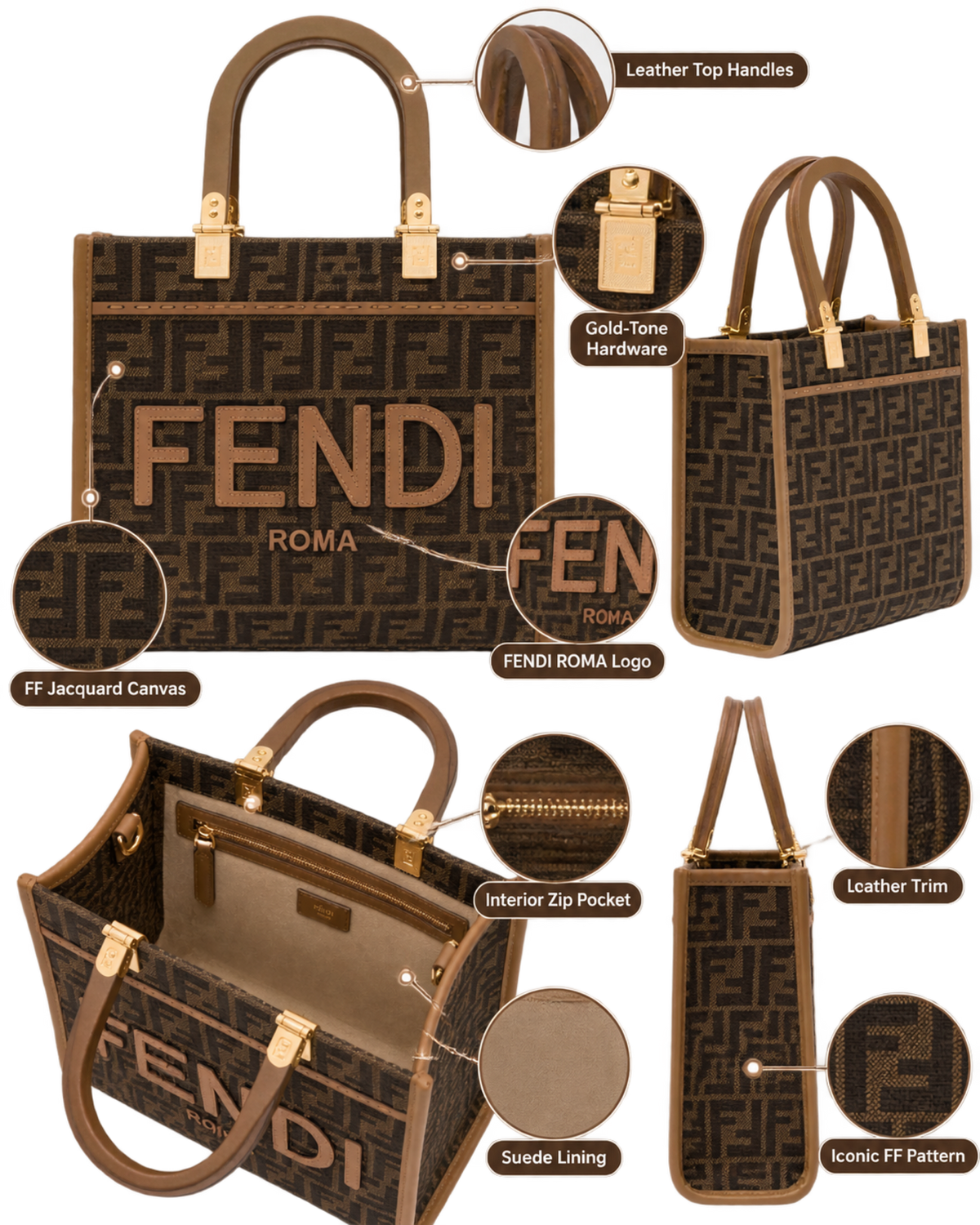 Fendi 'Sunshine Small' Brown Tote Bag with Logo in FF Jacquard Canvas and Leather Woman