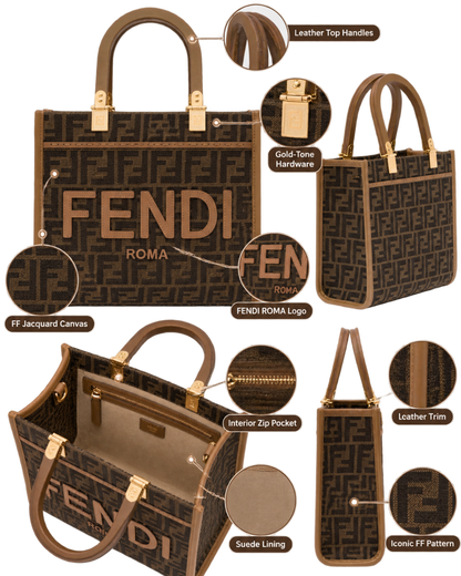 Fendi 'Sunshine Small' Brown Tote Bag with Logo in FF Jacquard Canvas and Leather Woman