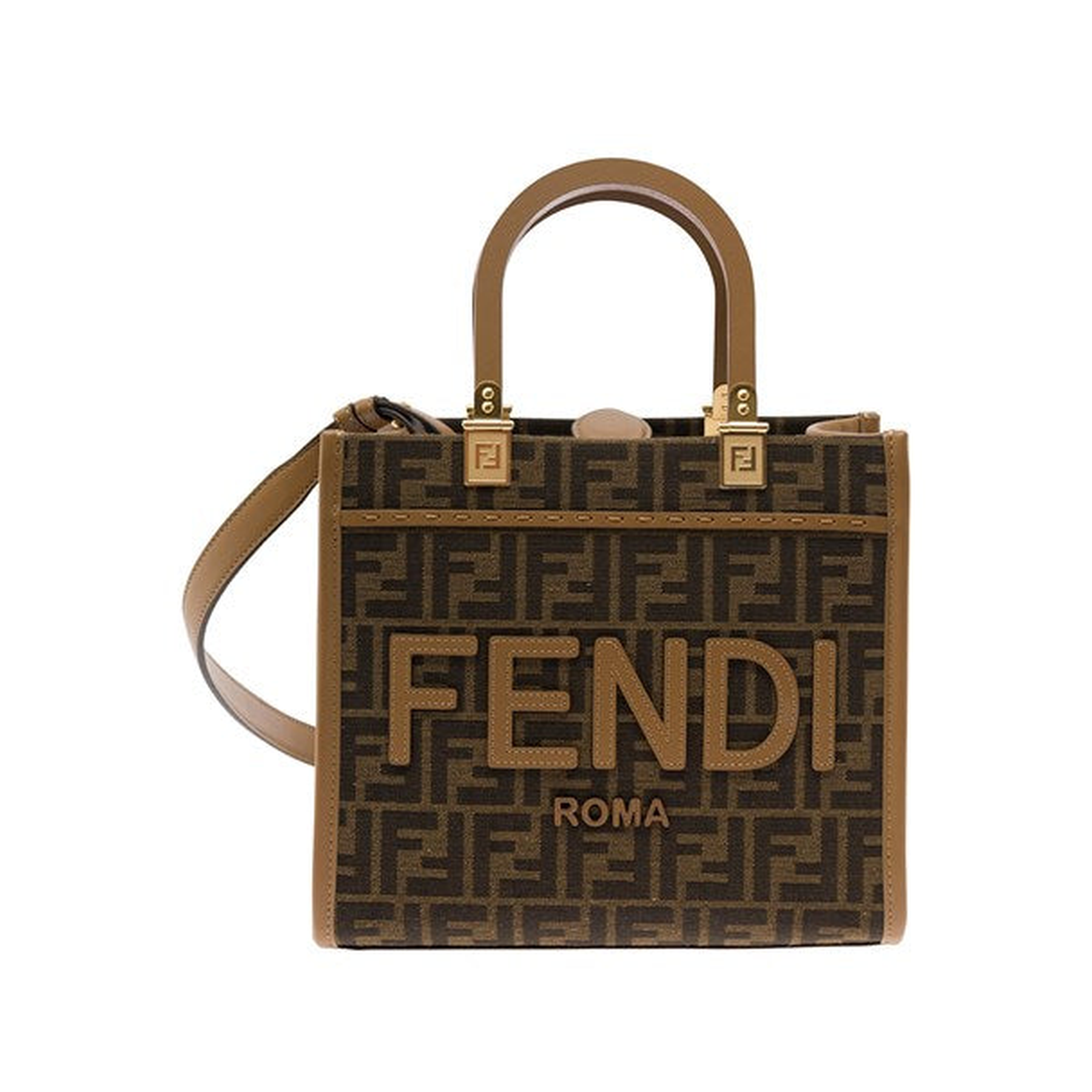 Fendi 'Sunshine Small' Brown Tote Bag with Logo in FF Jacquard Canvas and Leather Woman