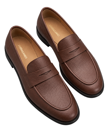 Ferragamo brown textured leather penny loafers