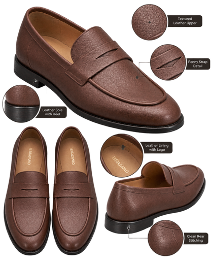 Ferragamo brown textured leather penny loafers