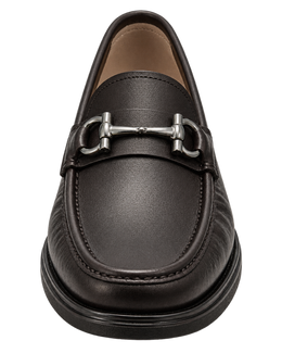 Ferragamo Gancini dark brown leather loafer featuring a signature