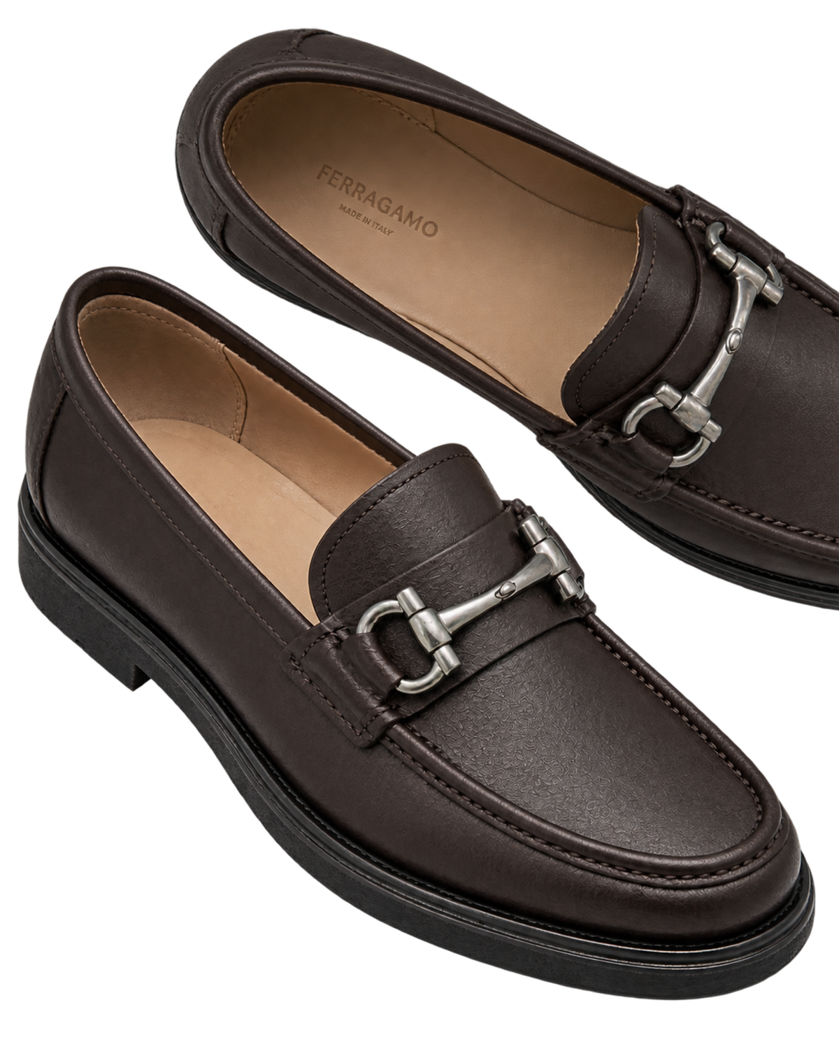 Ferragamo Gancini dark brown leather loafer featuring a signature