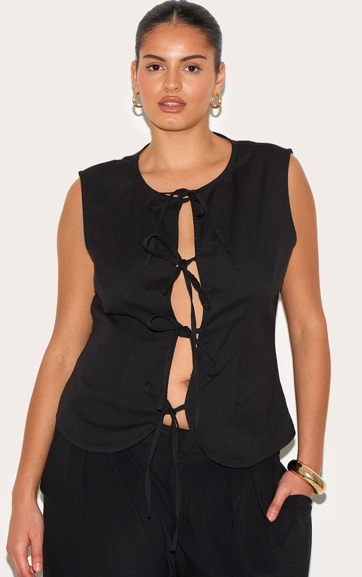 Plus Black Linen Tie Front Waistcoat