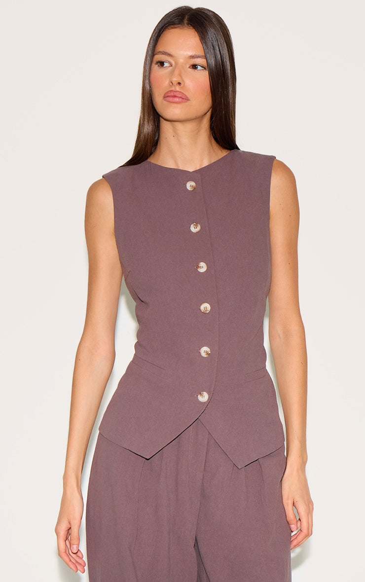 Dark Brown Linen Look Tailored Waistcoat