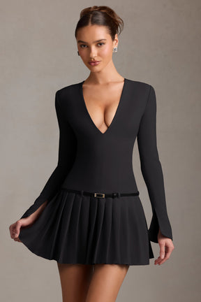 Long-Sleeve Pleated Mini Dress in Black