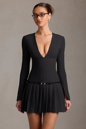 Long-Sleeve Pleated Mini Dress in Black