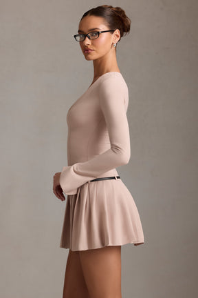 Long-Sleeve Pleated Mini Dress in Mushroom