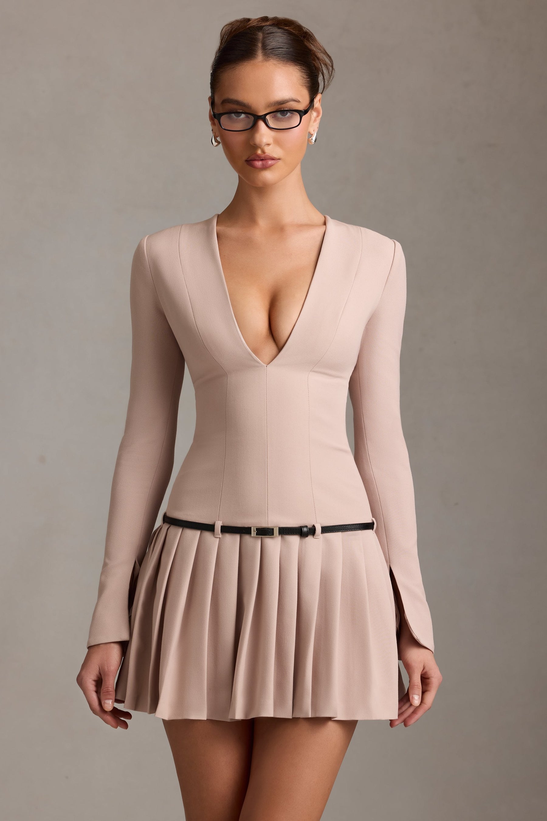 Long-Sleeve Pleated Mini Dress in Mushroom