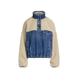 Fleece and Denim Funnel Neck Long Sleeve Oversized Fit Sherpa Jacket