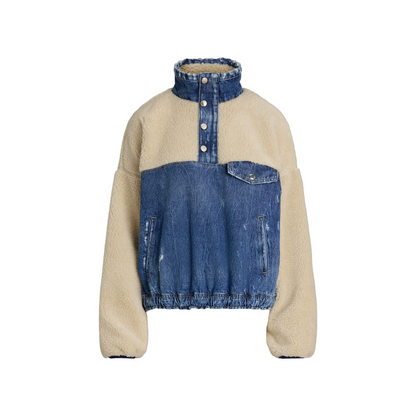 Fleece and Denim Funnel Neck Long Sleeve Oversized Fit Sherpa Jacket