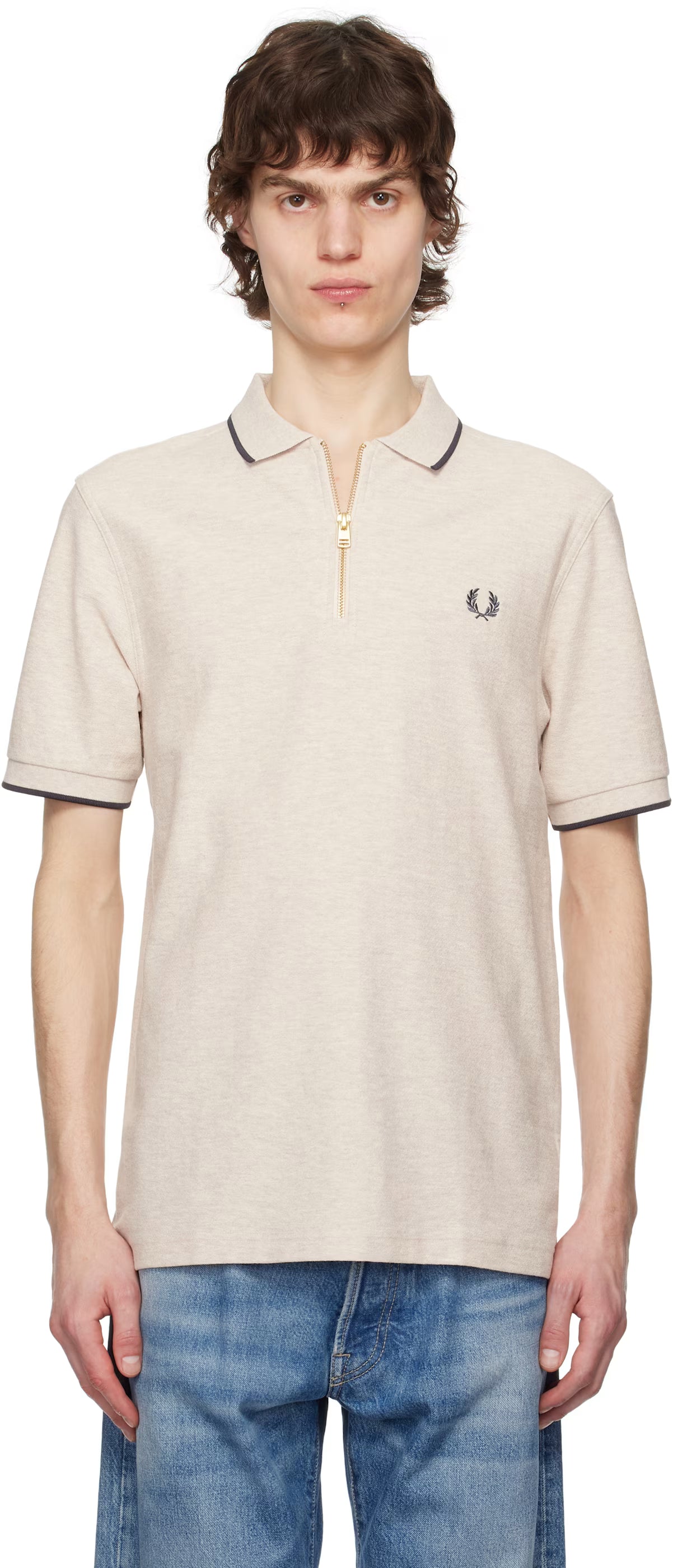 Beige Crepe Piqué Zip Neck Polo