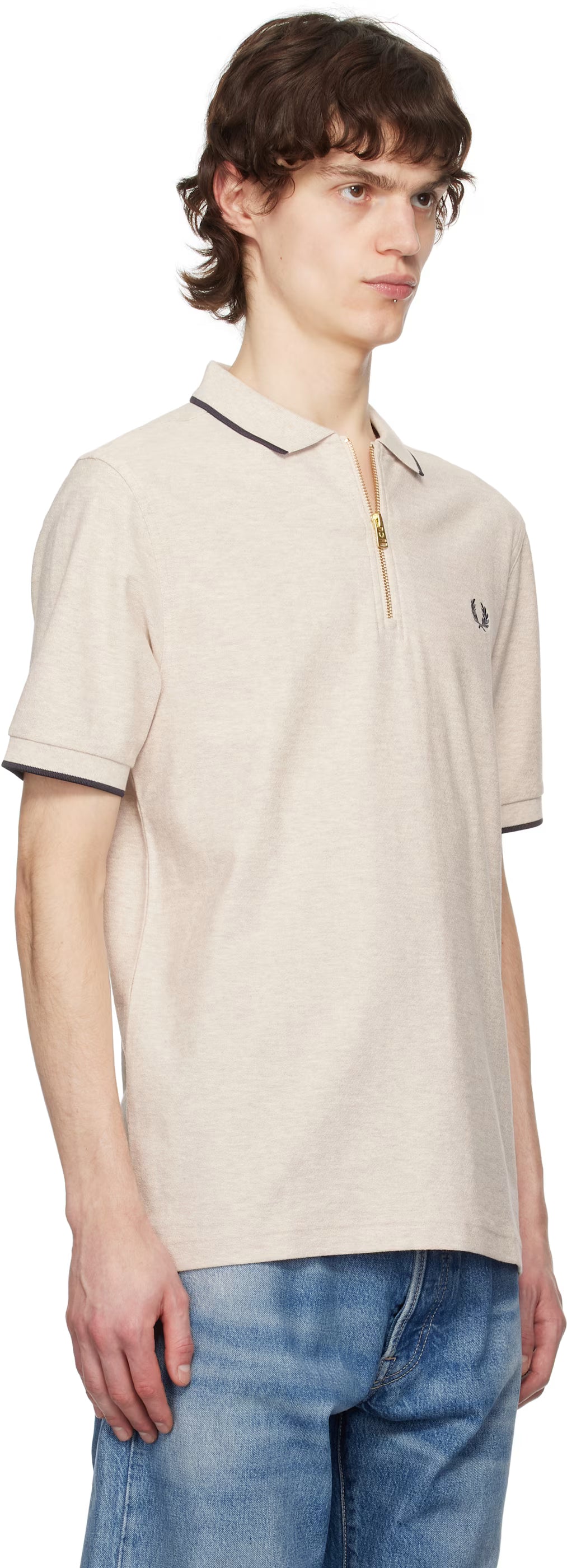 Beige Crepe Piqué Zip Neck Polo