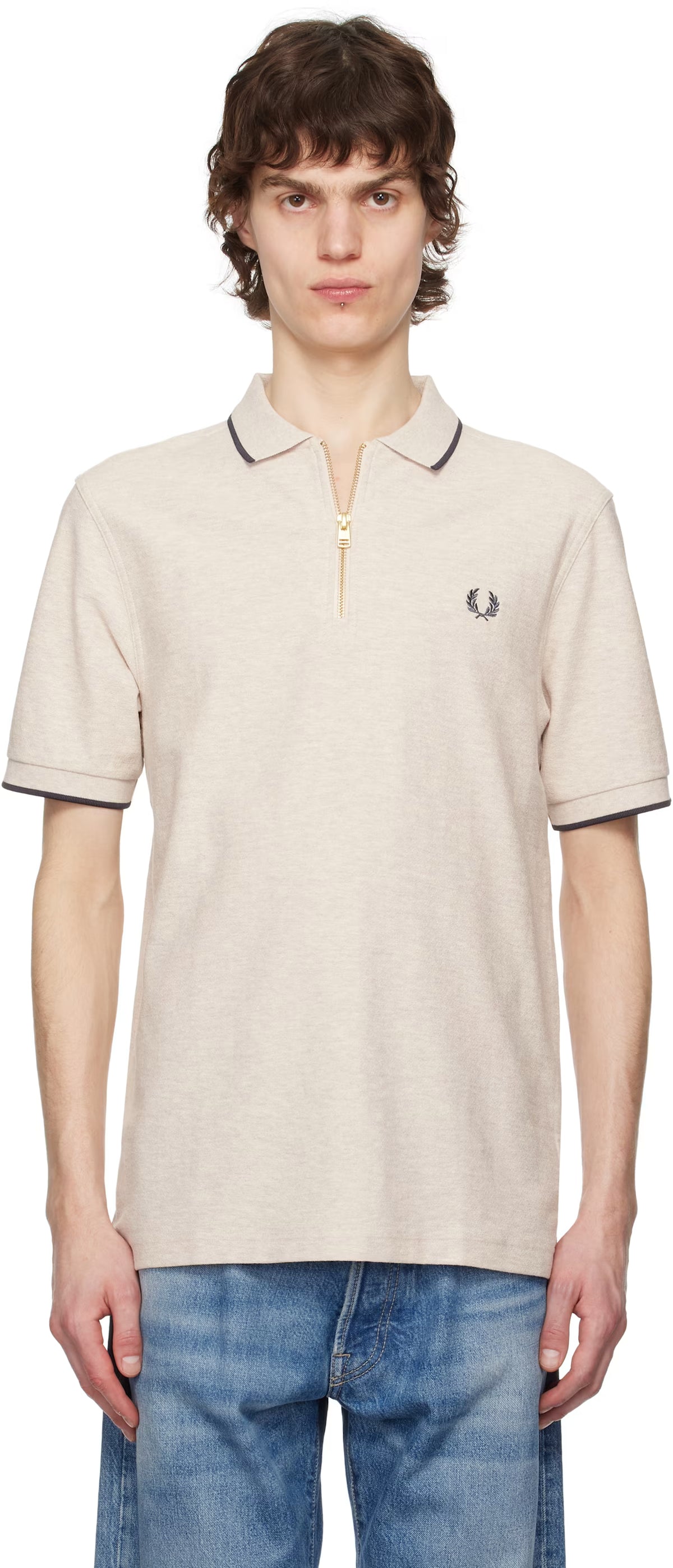 Beige Crepe Piqué Zip Neck Polo