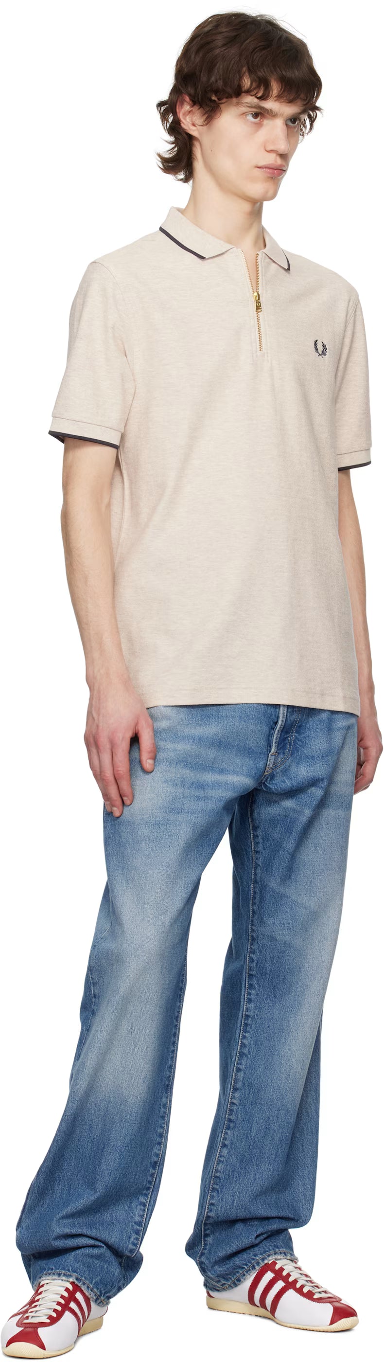 Beige Crepe Piqué Zip Neck Polo