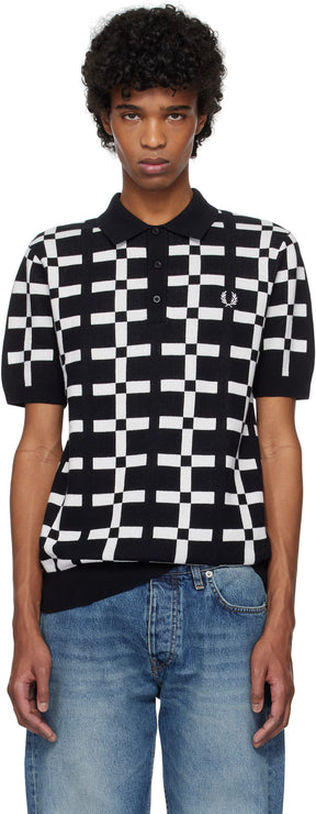 Black & White Geometric Jacquard Knit Polo