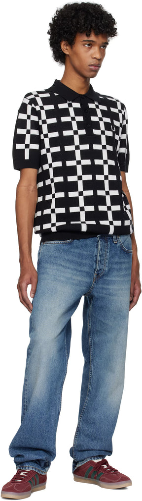 Black & White Geometric Jacquard Knit Polo