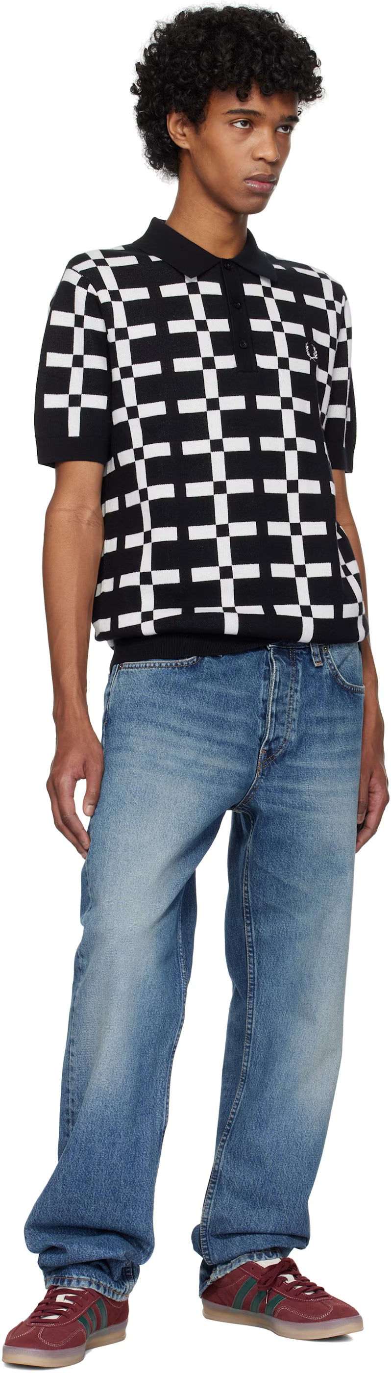 Black & White Geometric Jacquard Knit Polo