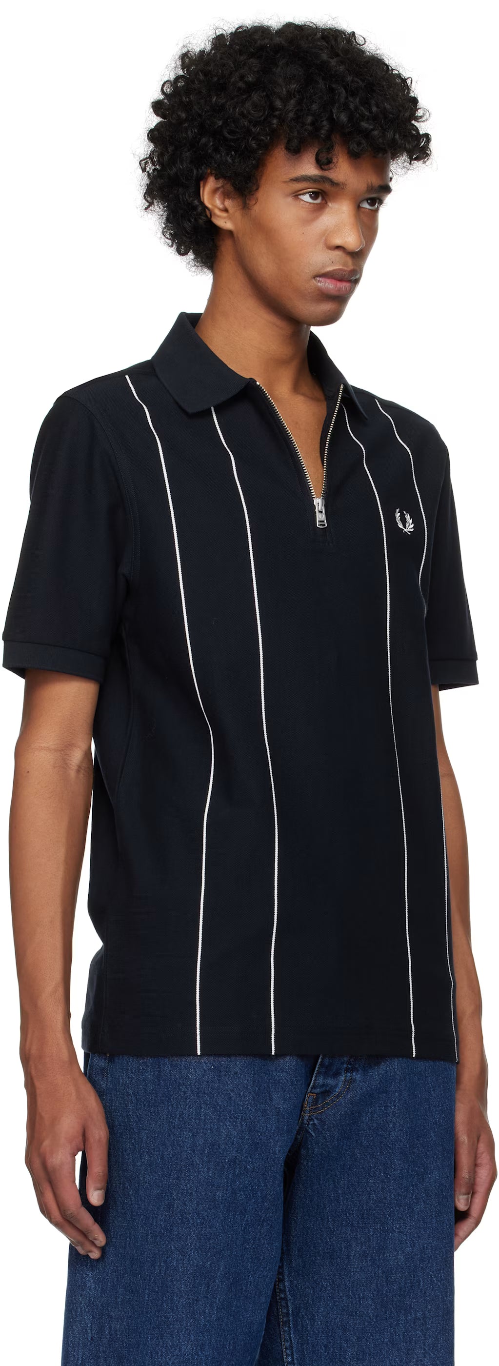 Navy Pinstripe Zip Neck Polo