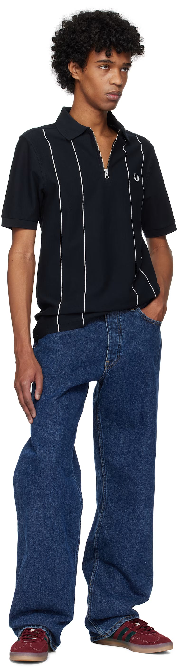 Navy Pinstripe Zip Neck Polo