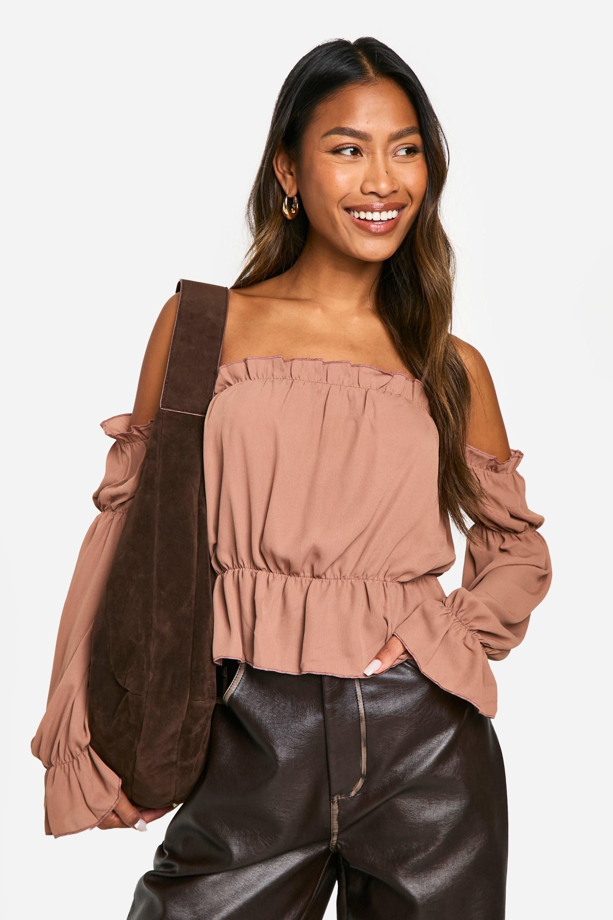 Woven Volume Sleeve Ruched Bardot Top