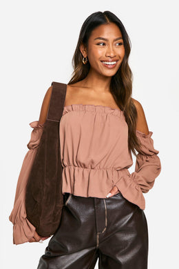 Woven Volume Sleeve Ruched Bardot Top