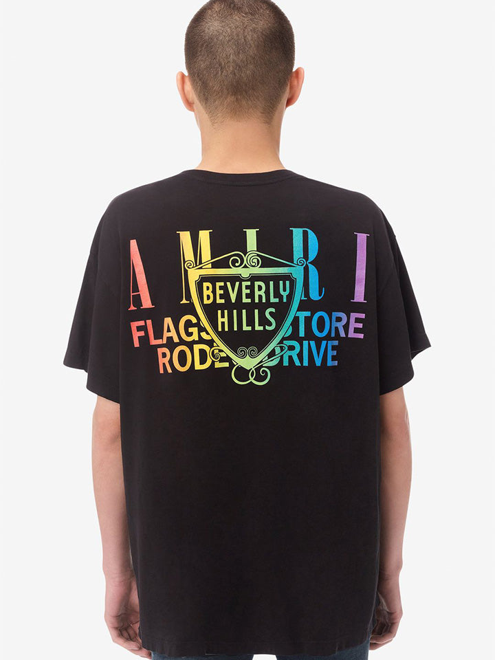 Amiri Exclusive Beverly Hills Rainbow Printed T-Shirt in Black