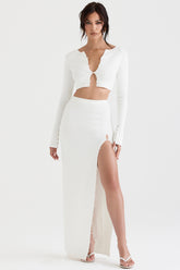 Ivory ribbed knit button front maxi skirt