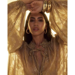 Gold Floral Long Sleeve Tie Neck Blouse
