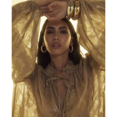 Gold Floral Long Sleeve Tie Neck Blouse