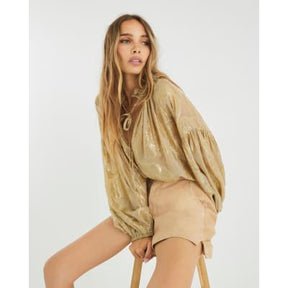 Gold Floral Long Sleeve Tie Neck Blouse