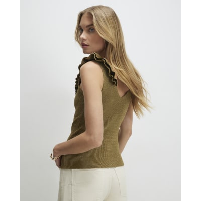 Gold Knitted Frill Trim Vest Top