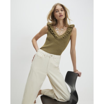 Gold Knitted Frill Trim Vest Top