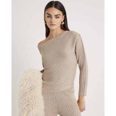 Gold Long Sleeve Glitter One Shoulder Top