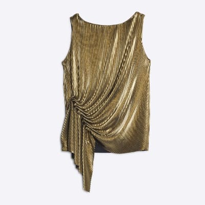 Gold Plisse Drape Detail Top