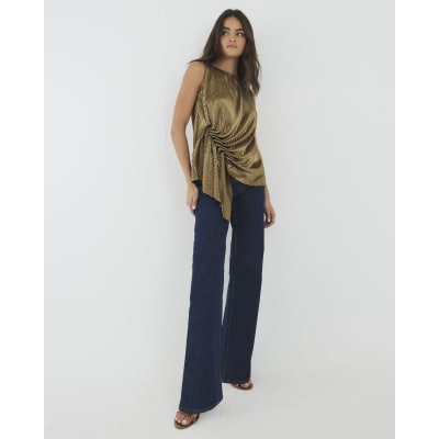 Gold Plisse Drape Detail Top