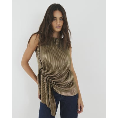 Gold Plisse Drape Detail Top