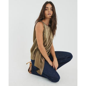 Gold Plisse Drape Detail Top