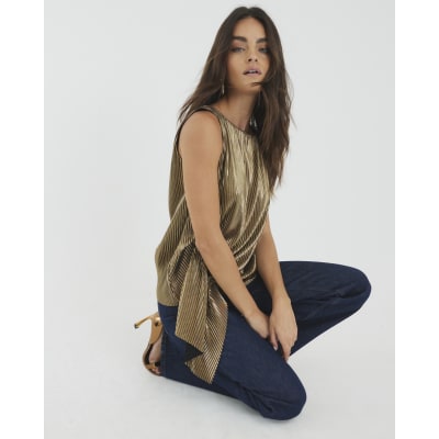 Gold Plisse Drape Detail Top