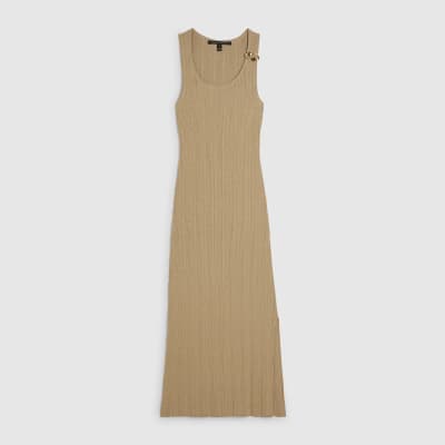 Gold Rib Knit Buckle Midi Dress