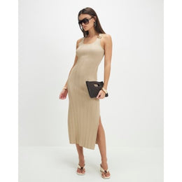 Gold Rib Knit Buckle Midi Dress