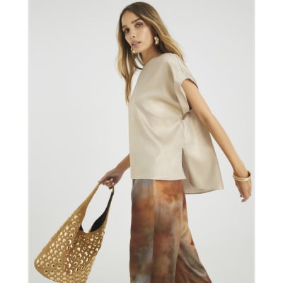 Gold Satin Short Sleeve Turn Up Cuff T-shirt