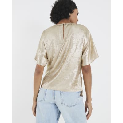 Gold Short Sleeve Knot Front Top