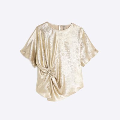 Gold Short Sleeve Knot Front Top