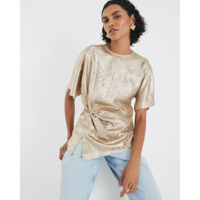 Gold Short Sleeve Knot Front Top