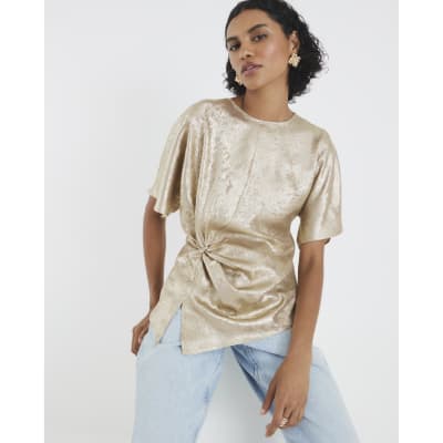 Gold Short Sleeve Knot Front Top