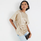 Gold Short Sleeve Knot Front Top