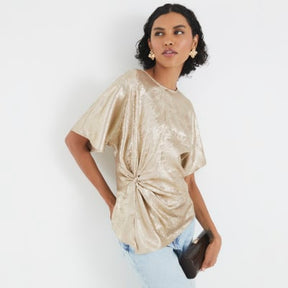 Gold Short Sleeve Knot Front Top