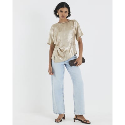 Gold Short Sleeve Knot Front Top