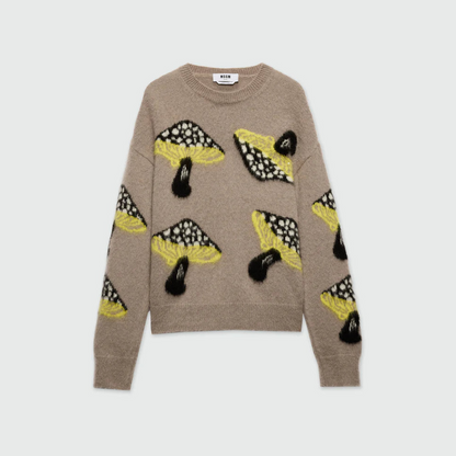 Gray brushed mohair sweater with "Fantastic Mushroom" jacquard pattern